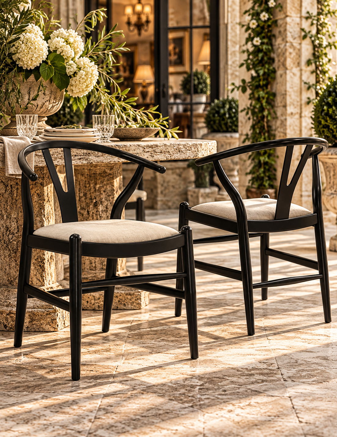 Two black wooden dining chairs with light beige upholstered seats, placed on a stone patio beside a matching stone table in an outdoor dining setting.