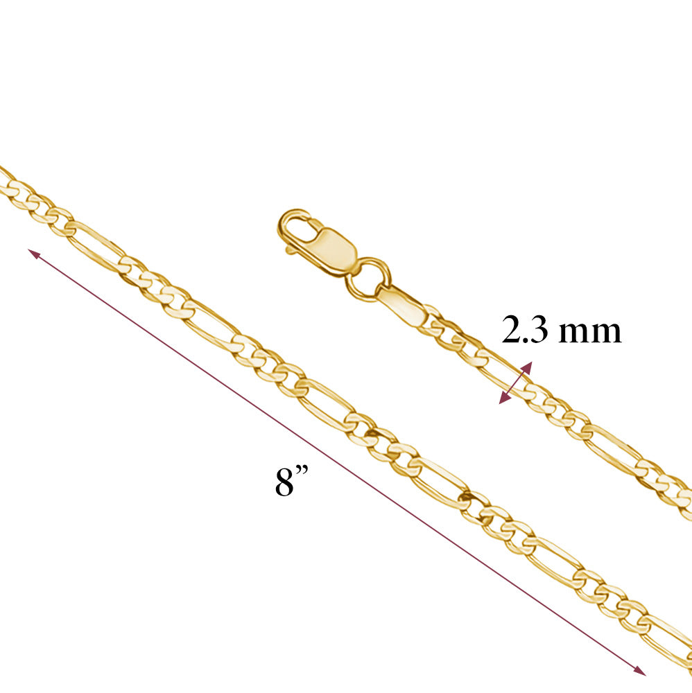 14K Solid Gold Figaro Link Chain Bracelet for Men | 3+1 Links | 2.5 and 4mm Width | 8.25" Length | Made in Italy