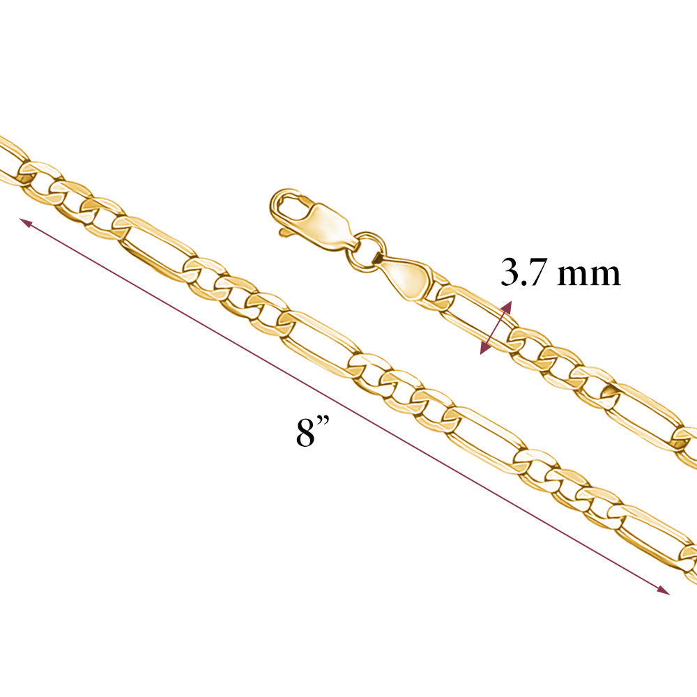 14K Solid Gold Figaro Link Chain Bracelet for Men | 3+1 Links | 2.5 and 4mm Width | 8.25" Length | Made in Italy
