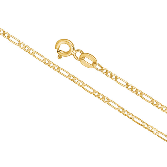 14K Solid Yellow Gold Figaro Link Chain 3+1 Necklace for Women and Girls Made in Italy - Width 1.5mm
