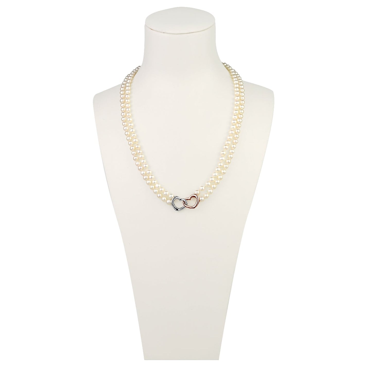 MASSETE White Round Freshwater Cultured Pearl Double Strand Necklace for Women Sterling Silver Rose Gold Plated Double Heart Clasp 4.5mm 18 inches