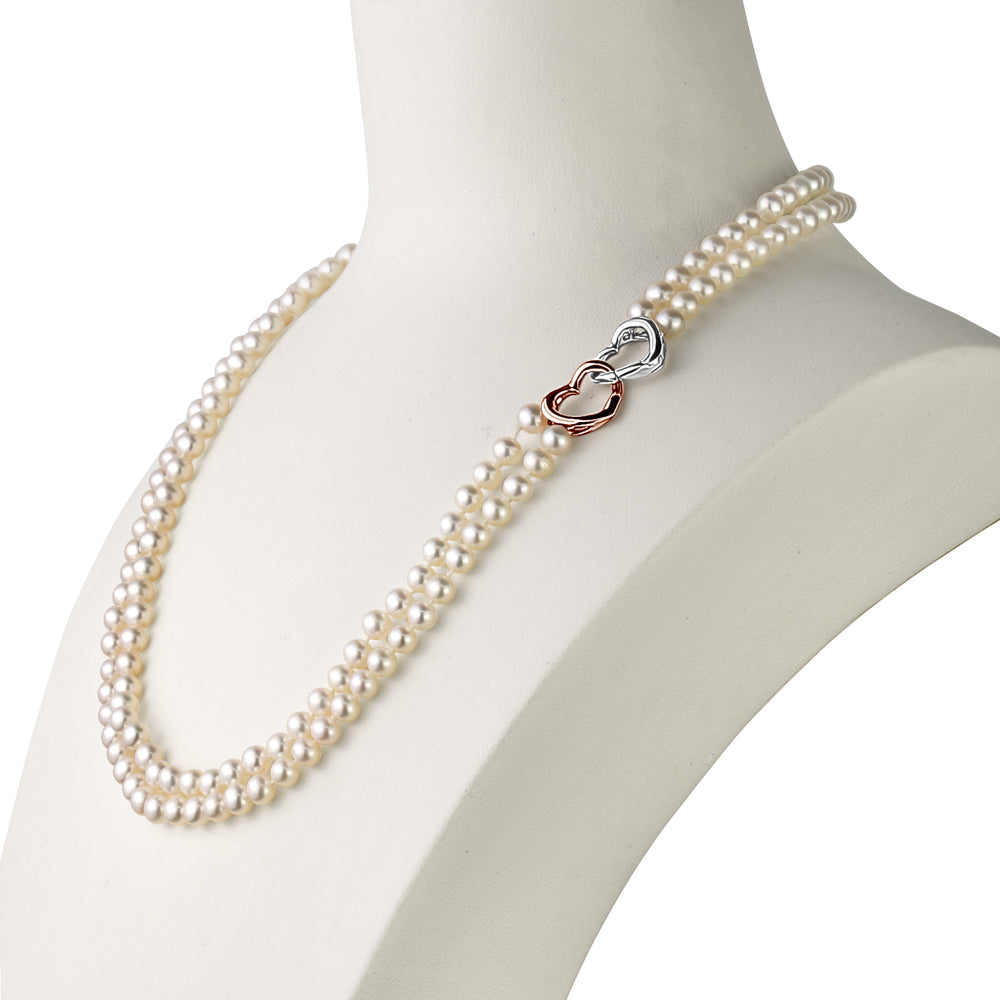 MASSETE White Round Freshwater Cultured Pearl Double Strand Necklace for Women Sterling Silver Rose Gold Plated Double Heart Clasp 4.5mm 18 inches