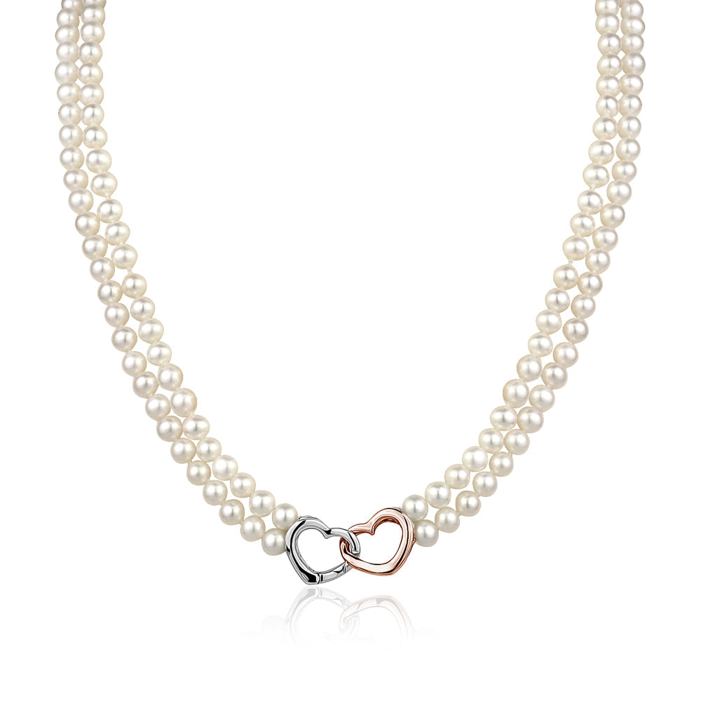 MASSETE White Round Freshwater Cultured Pearl Double Strand Necklace for Women Sterling Silver Rose Gold Plated Double Heart Clasp 4.5mm 18 inches