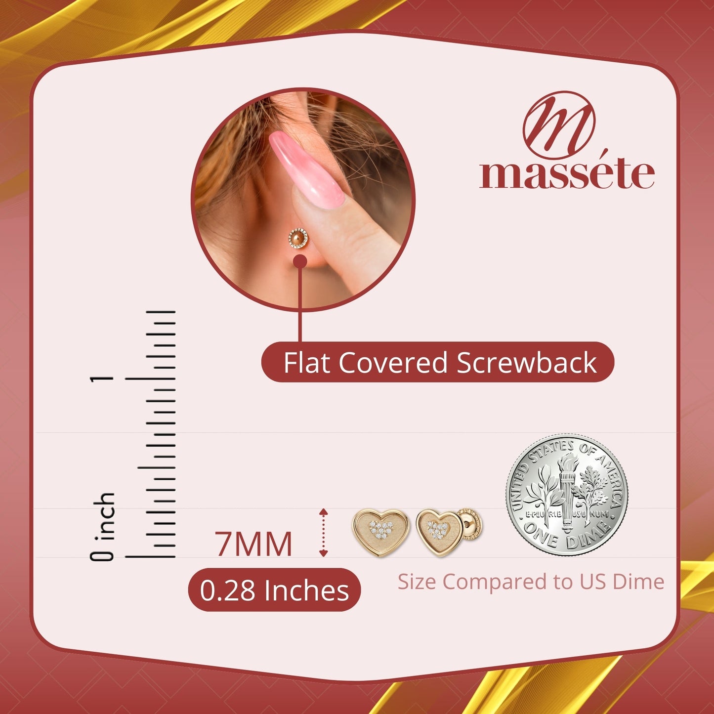 14k Yellow Gold Heart-in-Heart Earrings Stud with Simulated Diamonds in Center Covered Screwback Closure for Girls and Women