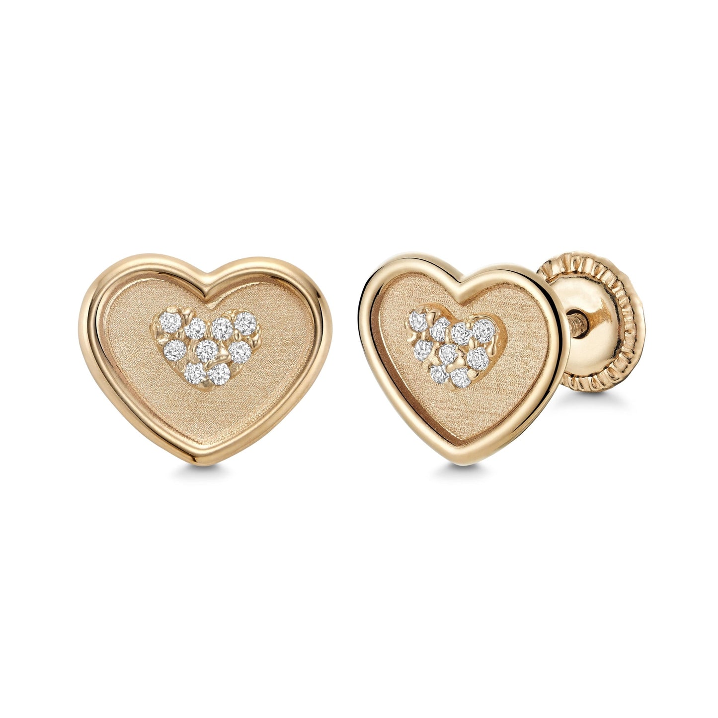 14k Yellow Gold Heart-in-Heart Earrings Stud with Simulated Diamonds in Center Covered Screwback Closure for Girls and Women