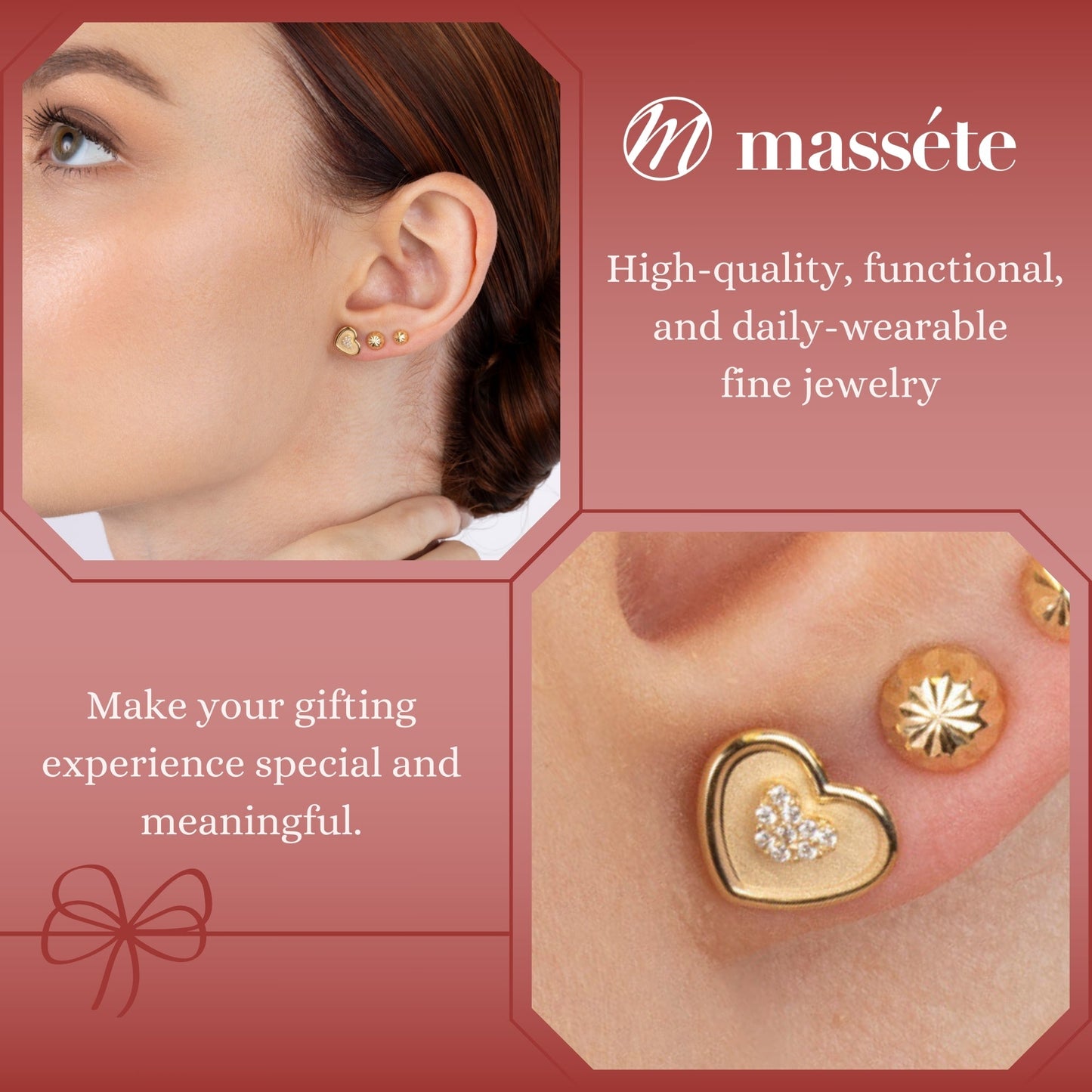 14k Yellow Gold Heart-in-Heart Earrings Stud with Simulated Diamonds in Center Covered Screwback Closure for Girls and Women