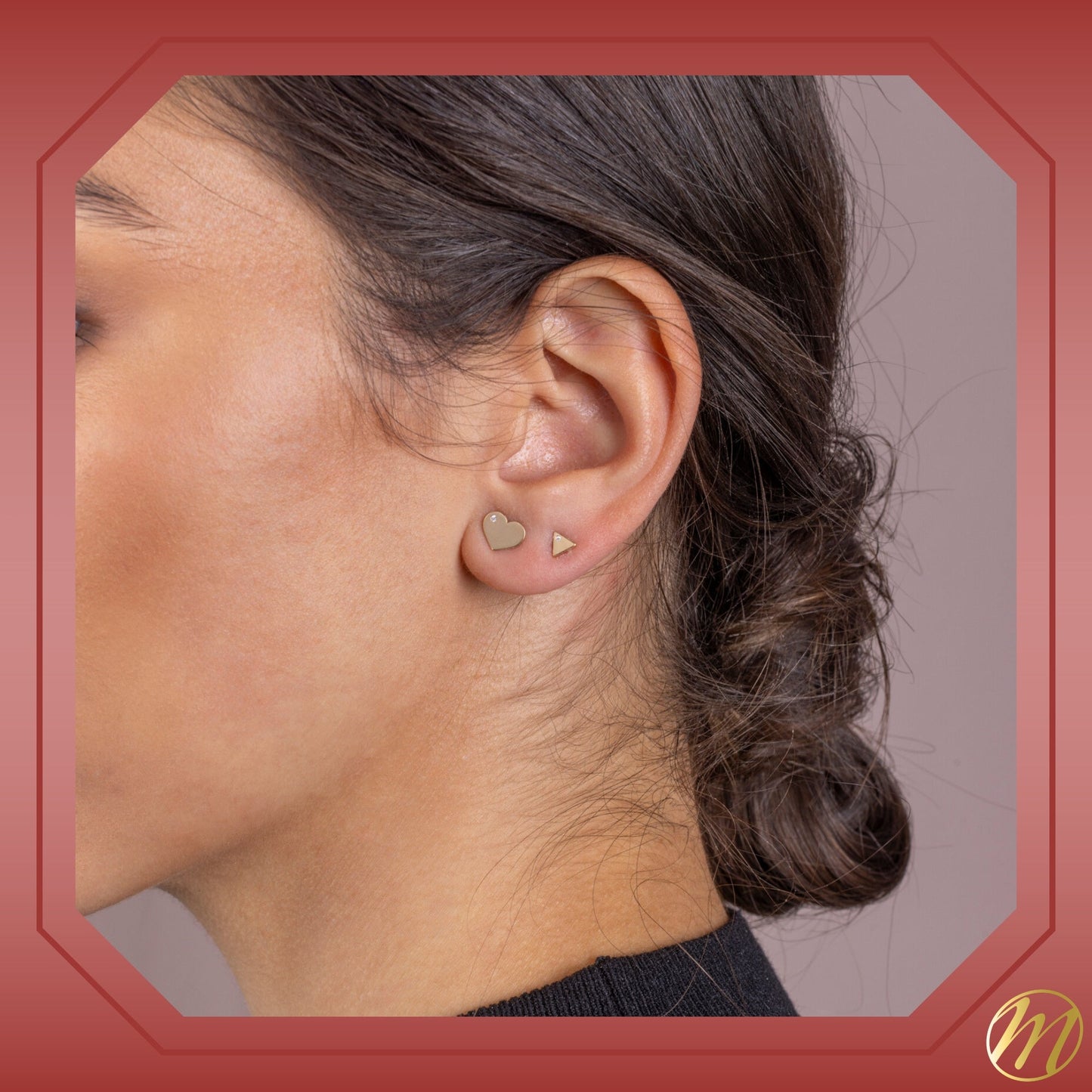 14k Yellow Gold Shiny Flat Heart Stud Earrings with Simulated Diamond, Covered Screwback Closure for Girls and Women