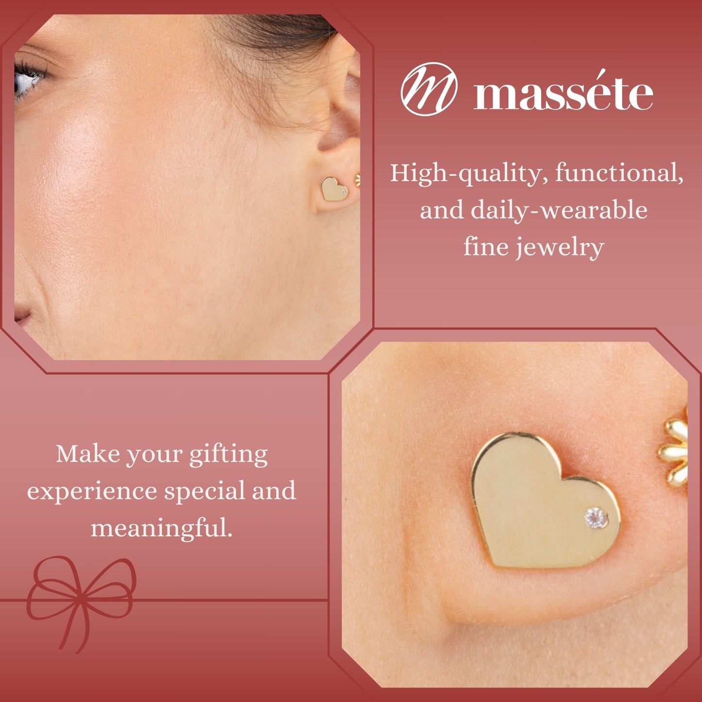 14k Yellow Gold Shiny Flat Heart Stud Earrings with Simulated Diamond, Covered Screwback Closure for Girls and Women