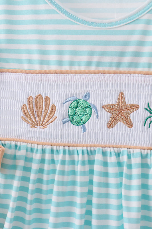 Mint marine creature smocked stripe ruffle dress