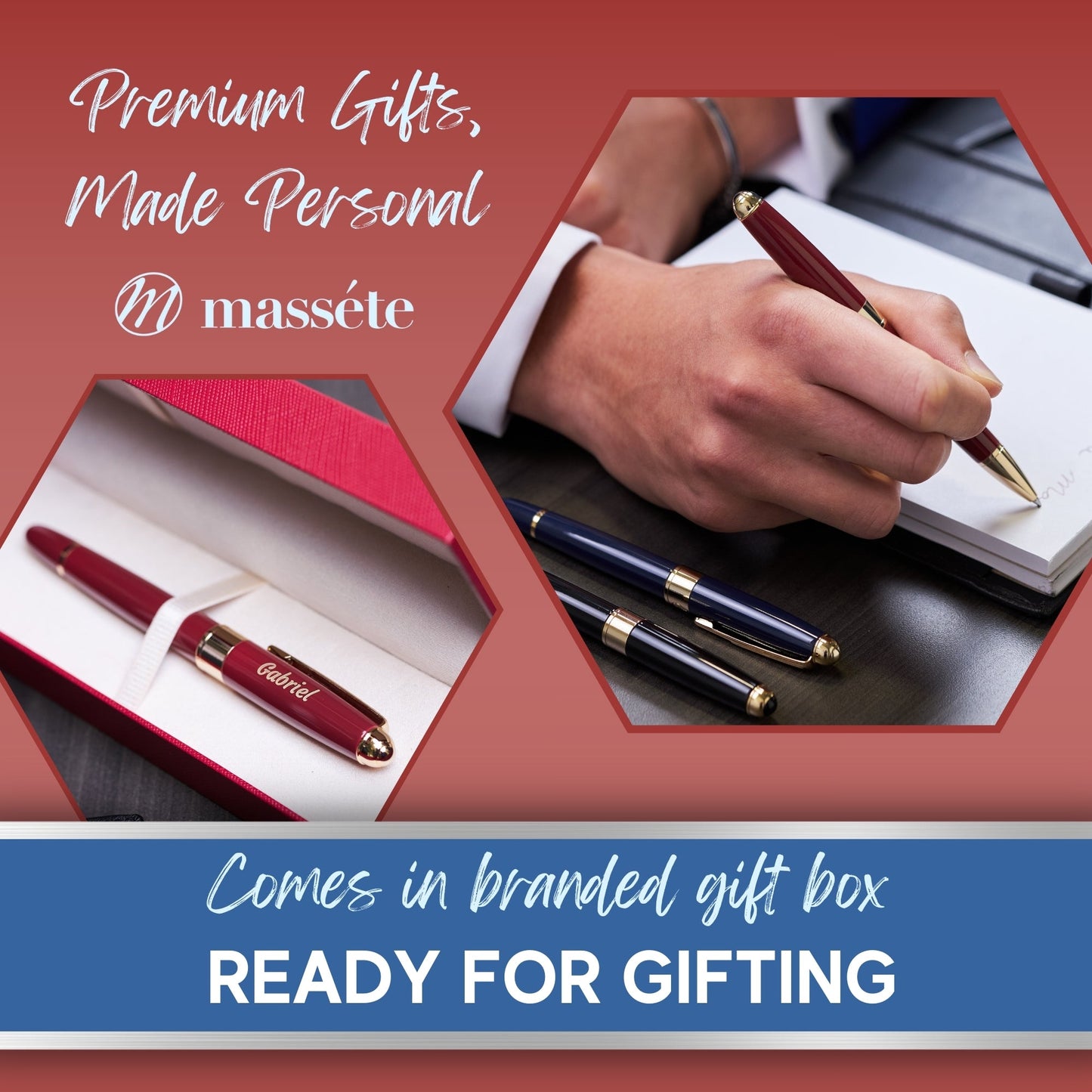 Massete Venero Executive Classic Luxury Ballpoint Pen, Glossy Black, Red, or Blue with 23K Gold Plated Trim, Twist to Open, Engravable, Presented in Gift Box, Extra Refill Included, Medium Tip, Black or Blue Ink
