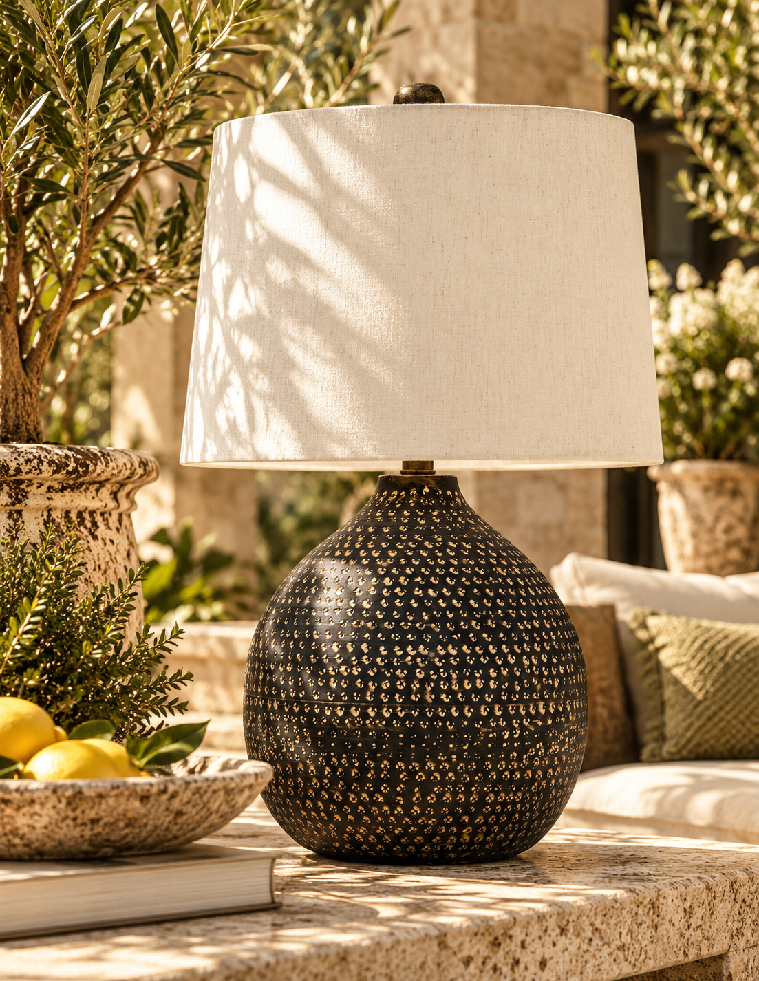 Maire Black & Aged Gold Pierced Metal Table Lamp | Bay & Bridle