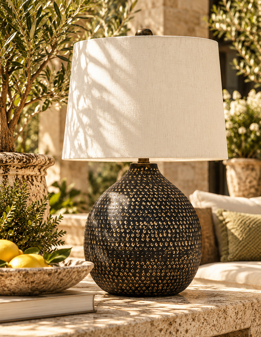 Maire Black & Aged Gold Pierced Metal Table Lamp | Bay & Bridle
