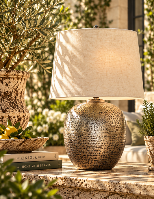 A table lamp with a textured metallic gold base and a beige linen drum shade, styled on a stone side table in a sunlit garden setting.