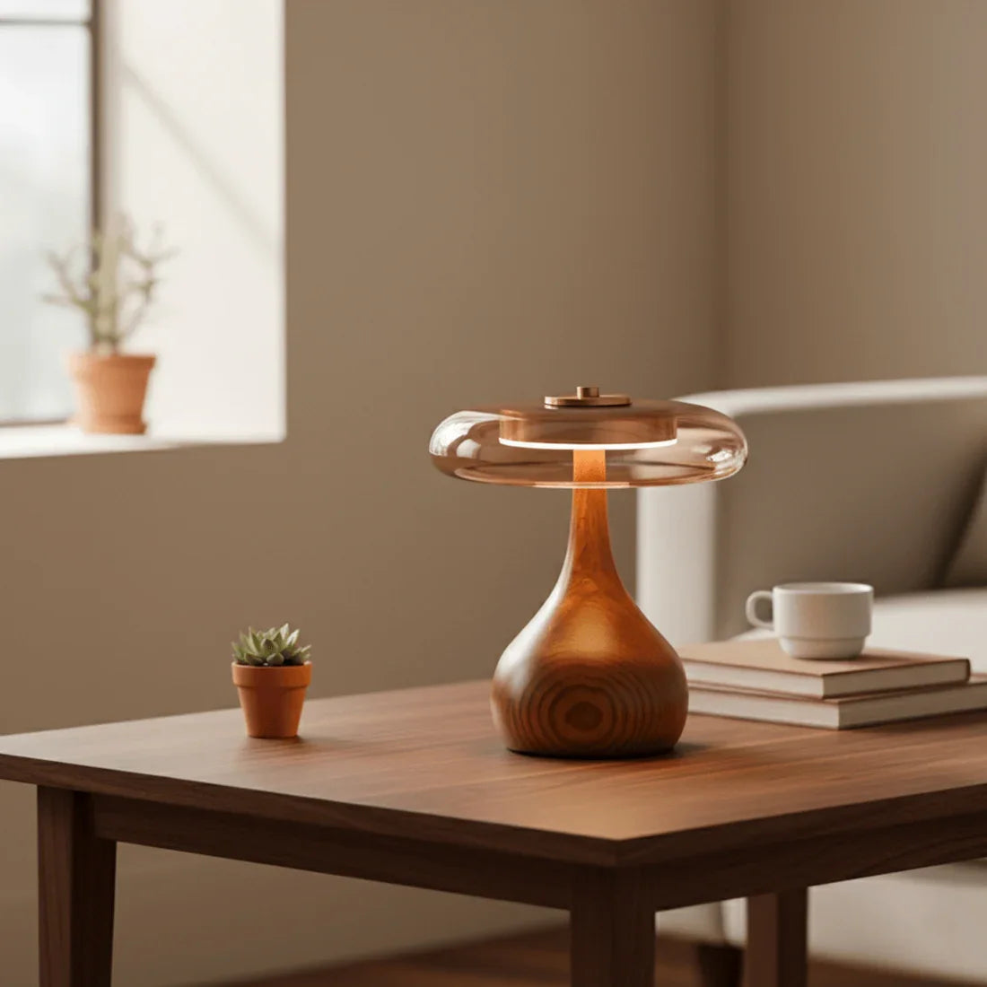 Mid-Century Wood & Glass Disc Table Lamp