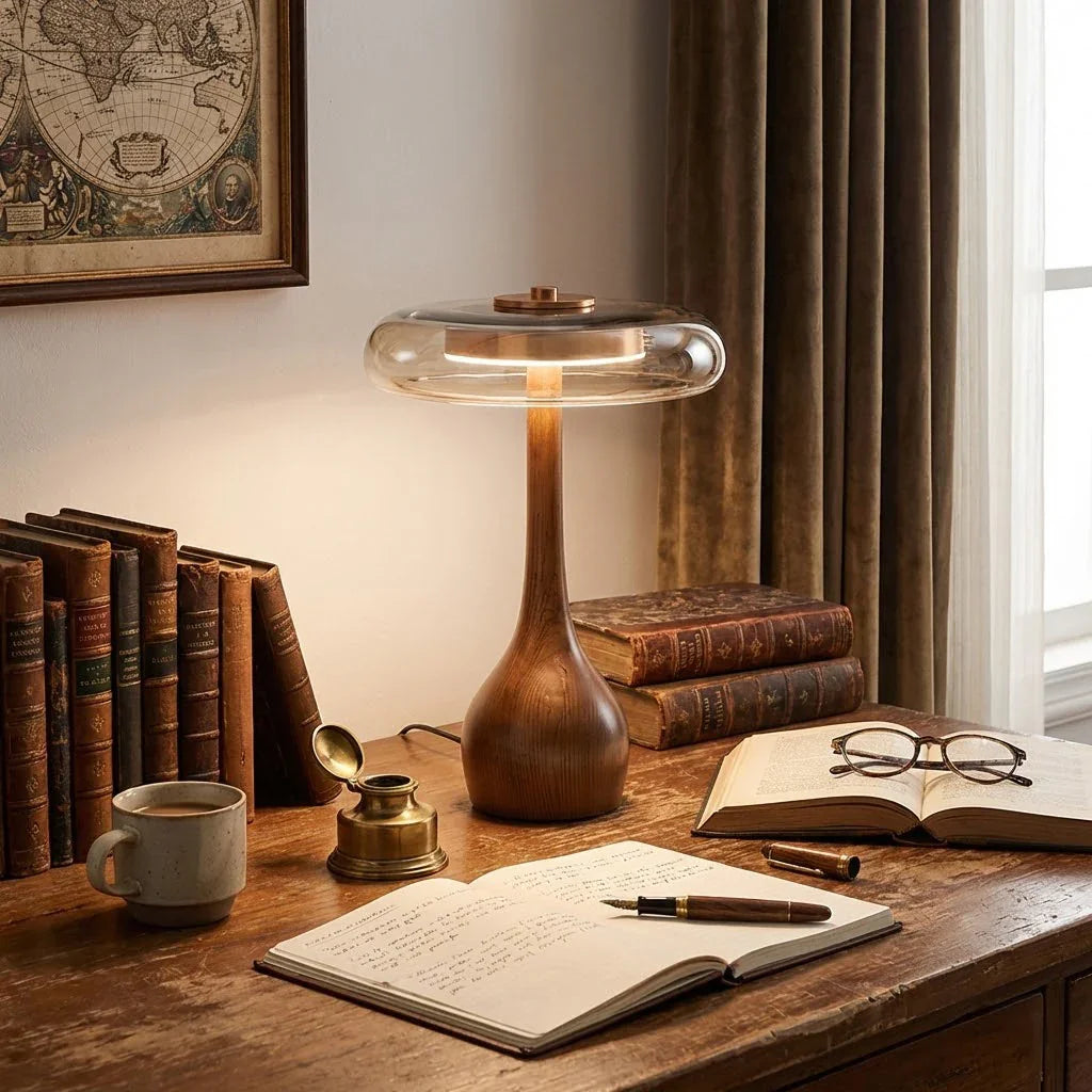 Mid-Century Wood & Glass Disc Table Lamp