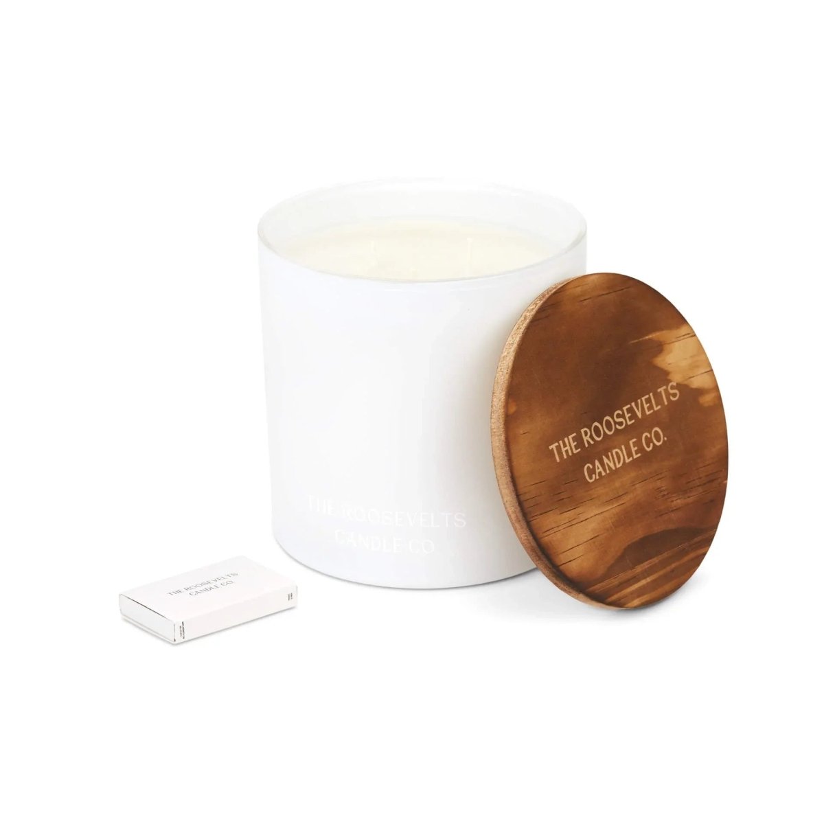White candle in a glass jar with a wooden lid on a white background, featuring 'The Roosevelt's Candle Co.'