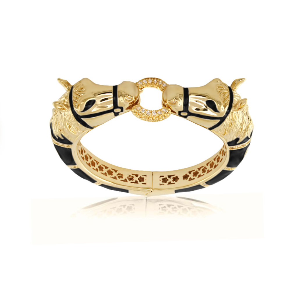 Equestrian Hinged Horse Head Bangle — 18k Gold & Black Enamel