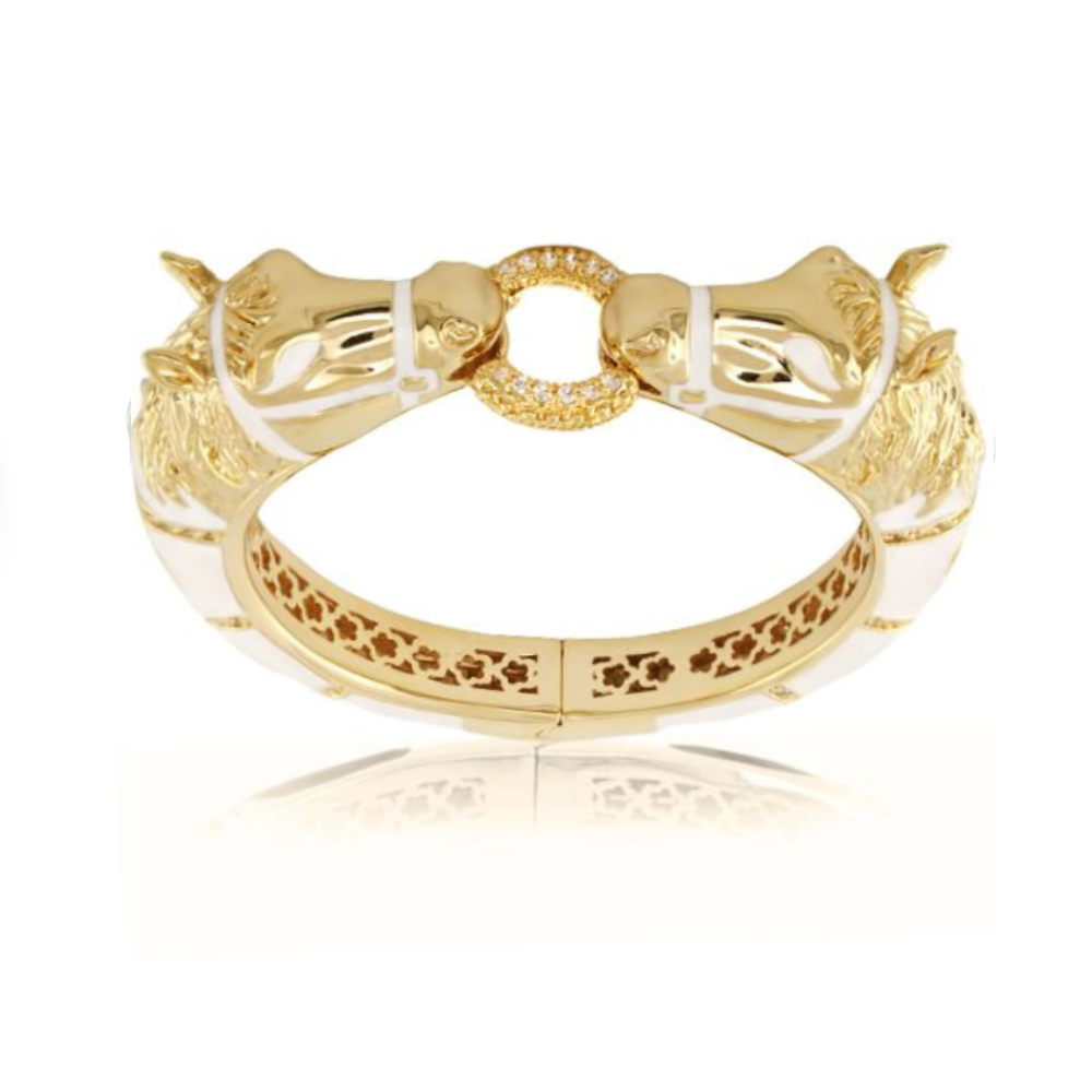 Equestrian Hinged Horse Head Bangle — 18k Gold & White Enamel