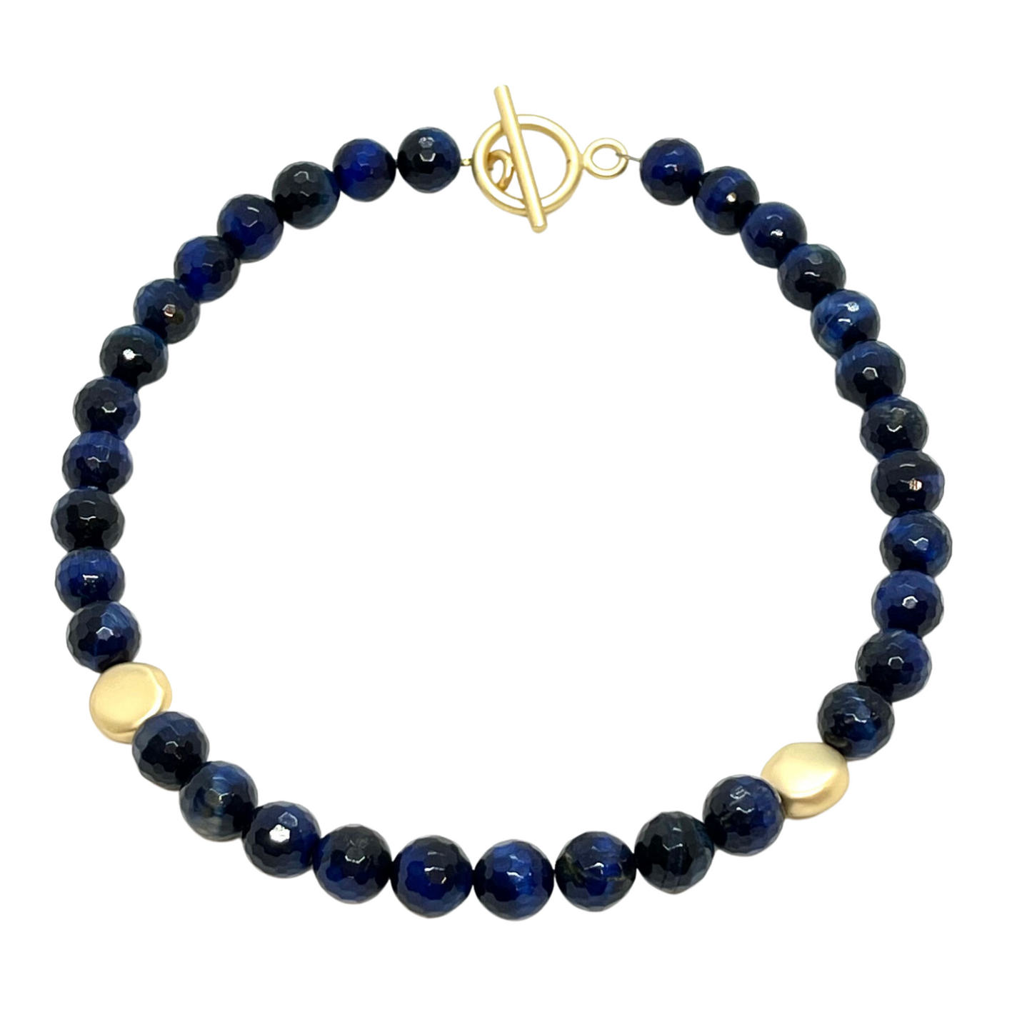 Blue Tigers Eye With Matte Gold Bead Accent Necklace