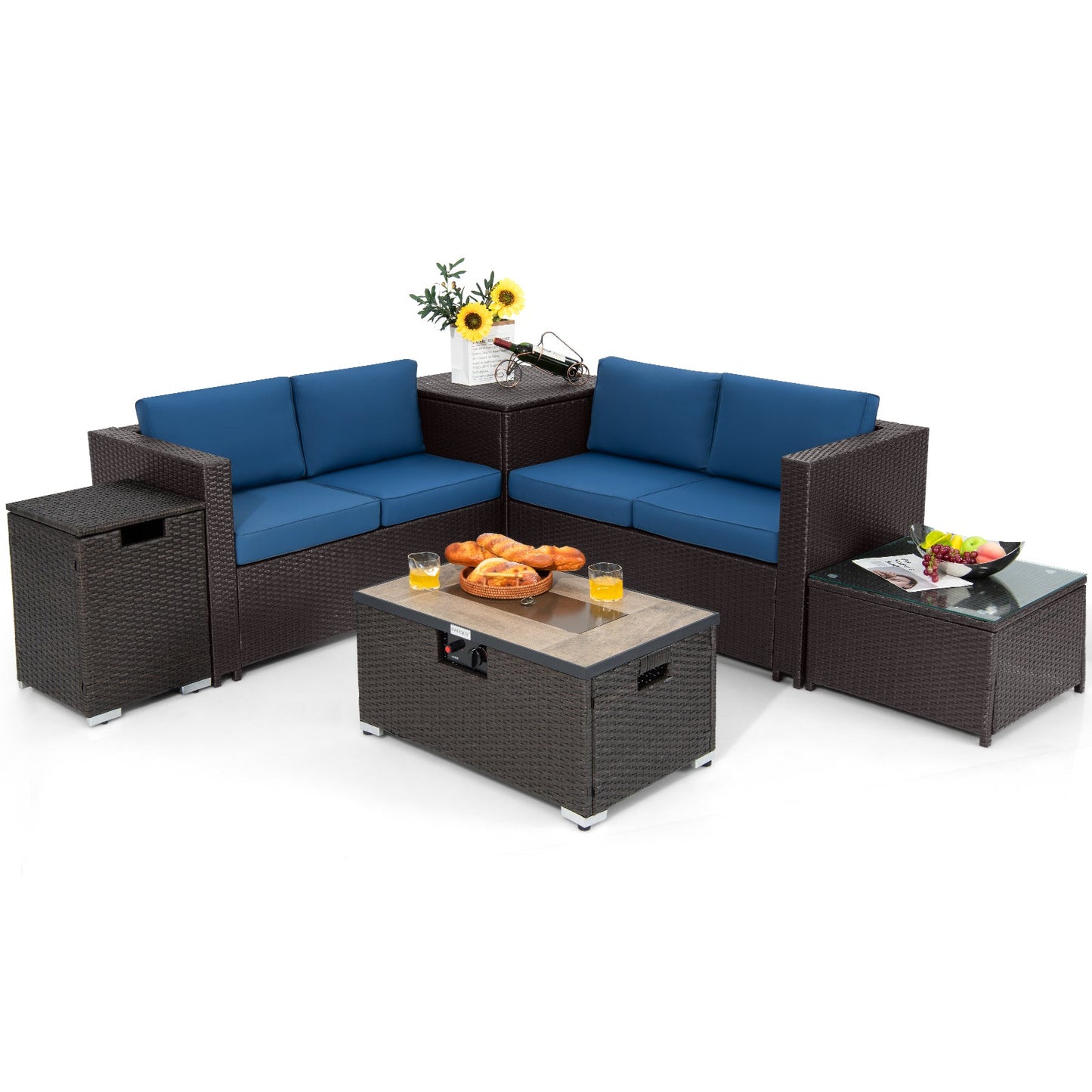 6 Pieces Outdoor Wicker Furniture Set with 32 Inch Propane Fire Pit Table