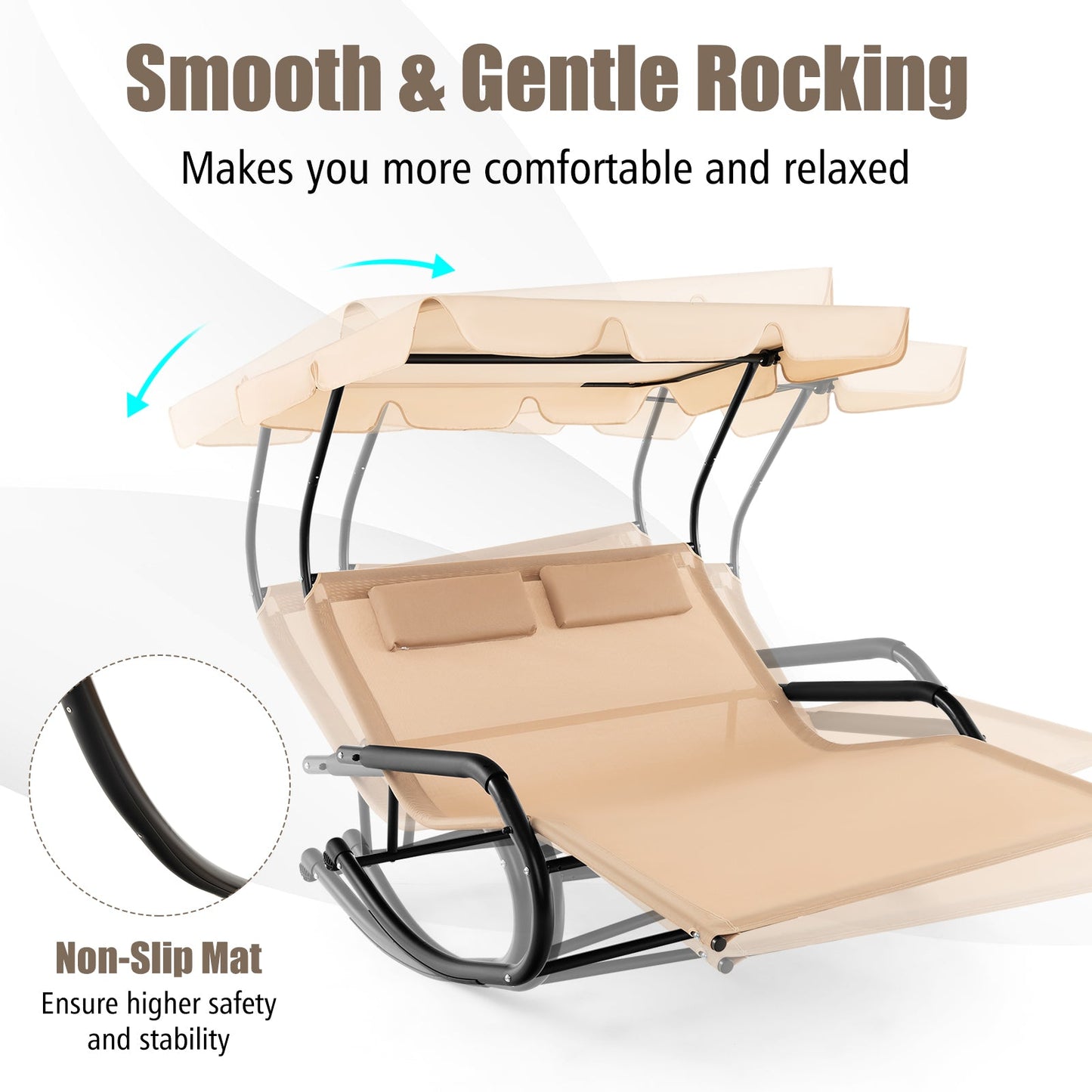 Outdoor 2 Persons Rocking Chaise Lounge with Canopy and Wheels-Beige