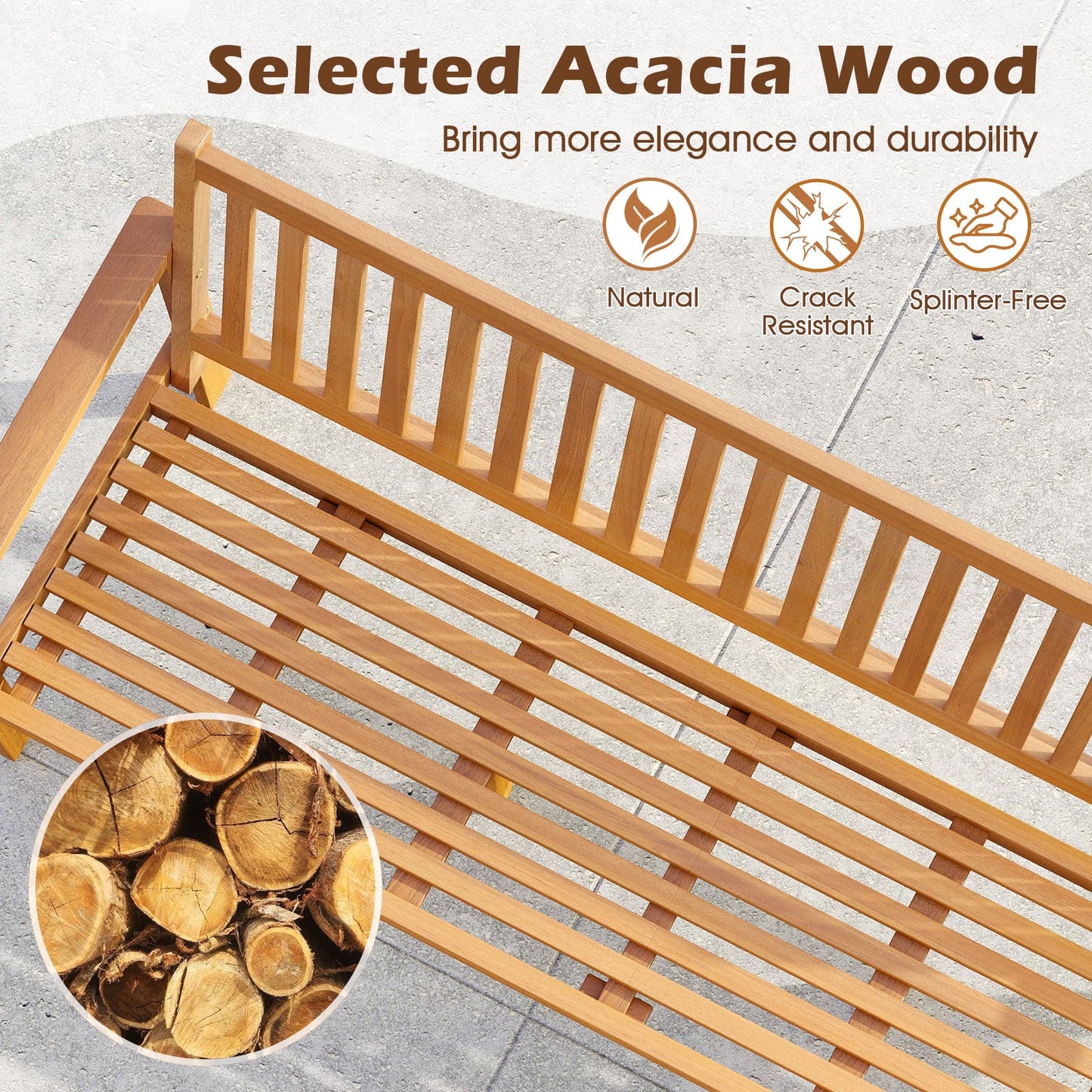 Outdoor 3-Seat Wood Bench with Seat Cushion and Slatted Seat-White