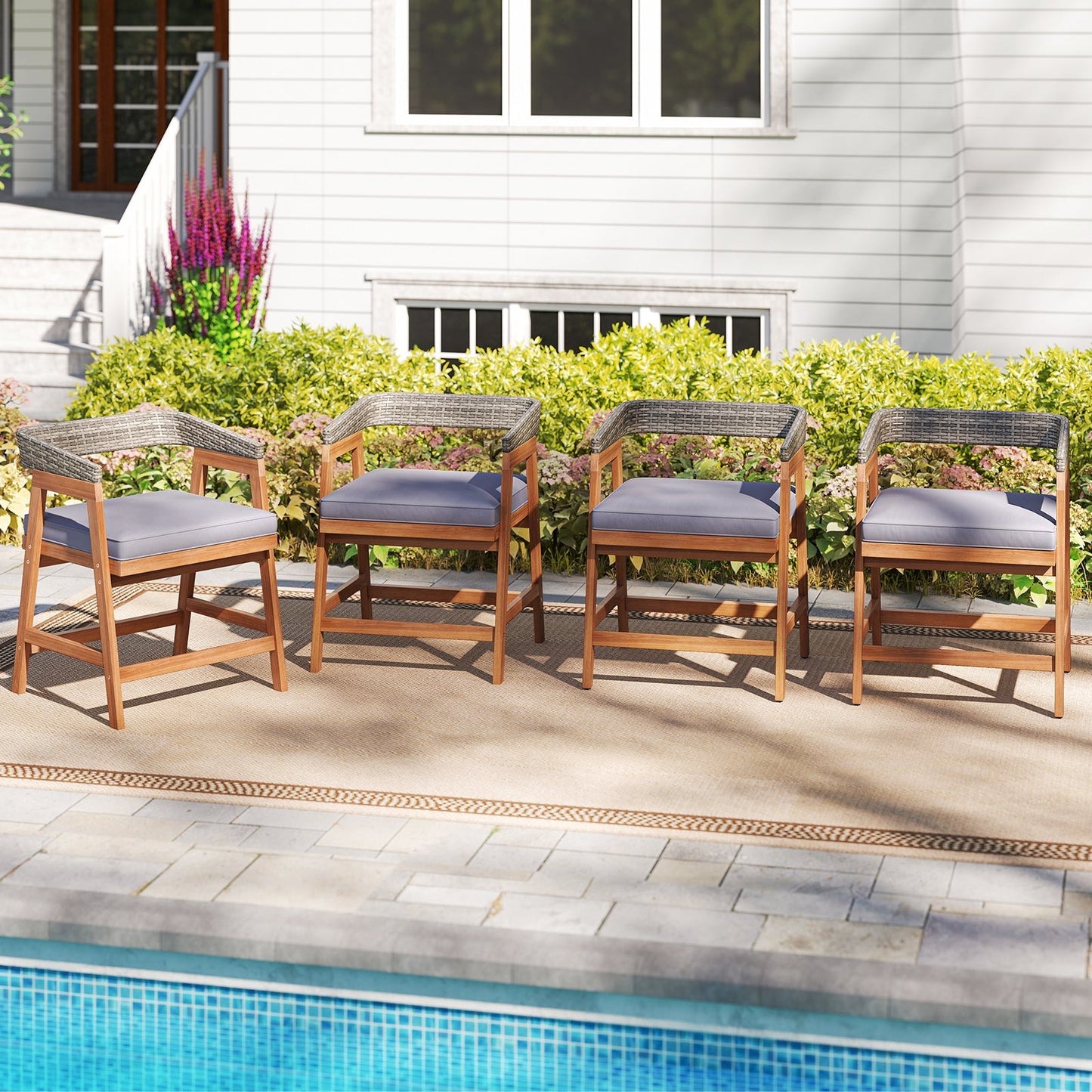 Outdoor Acacia Wood Patio Wicker Dining Chairs Set of 4 with Seat Cushion-Gray