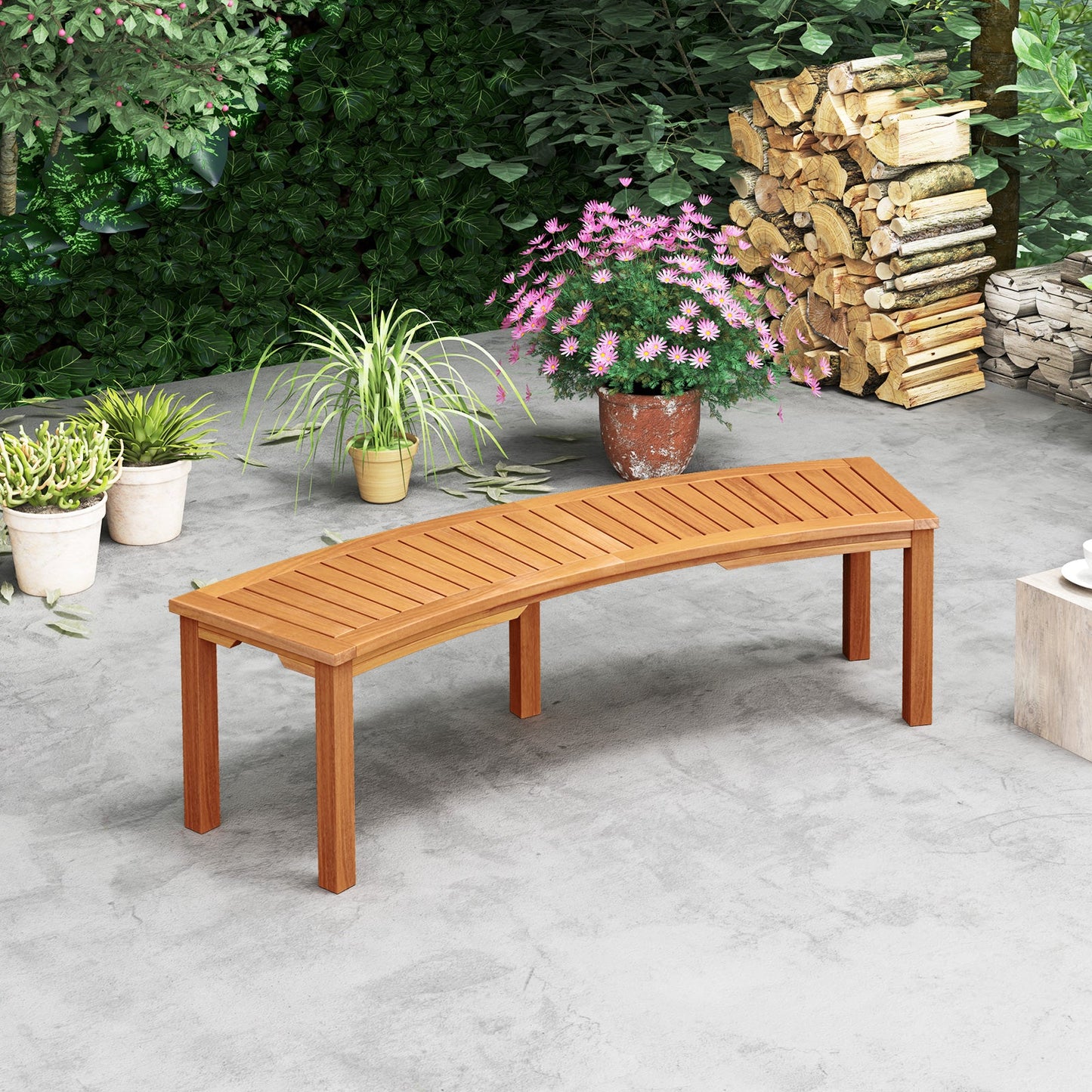 Outdoor Curved Acacia Wood Fire Pit Bench with Slatted Seat