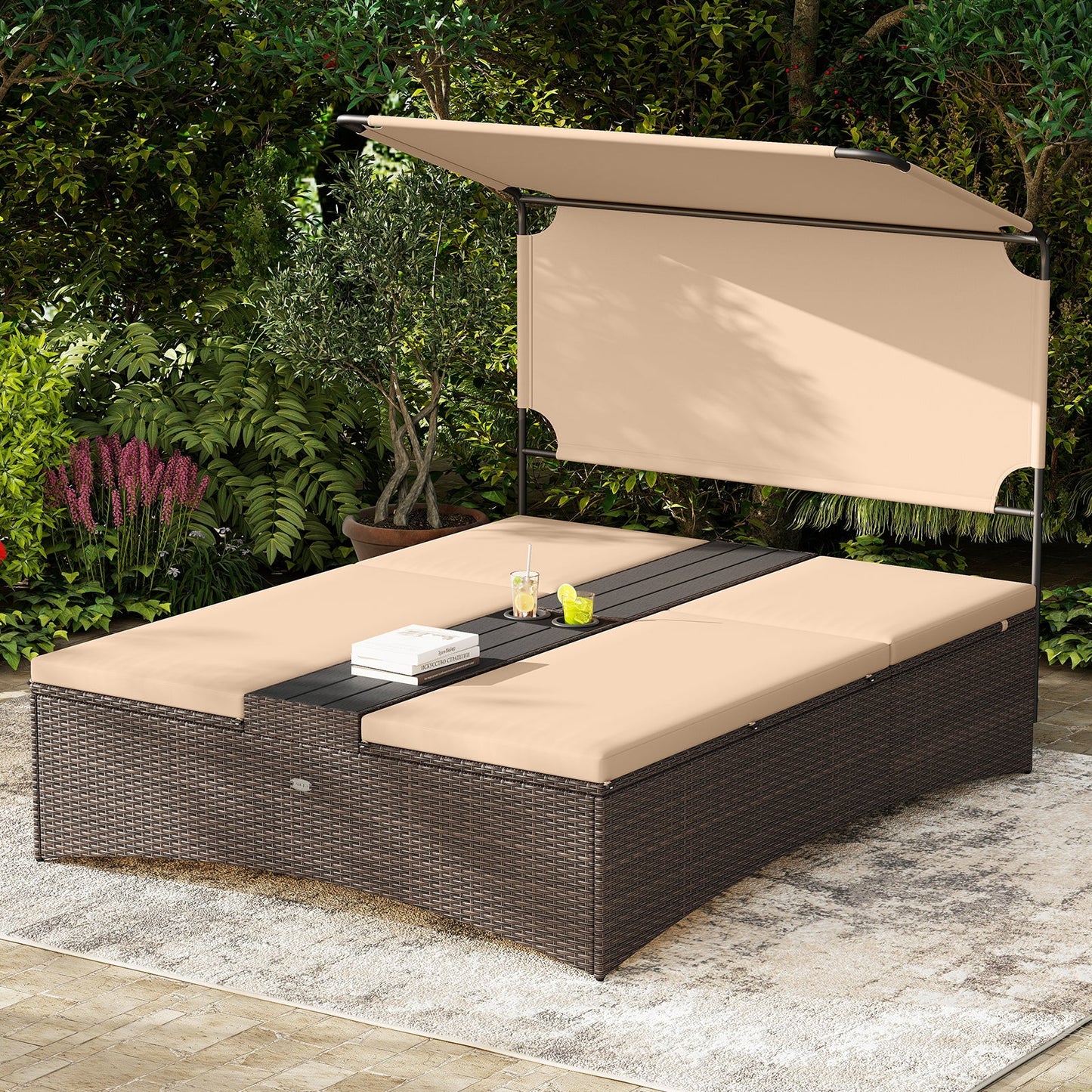 Luxury Poolside Double Lounger with Adjustable Recline & Canopy