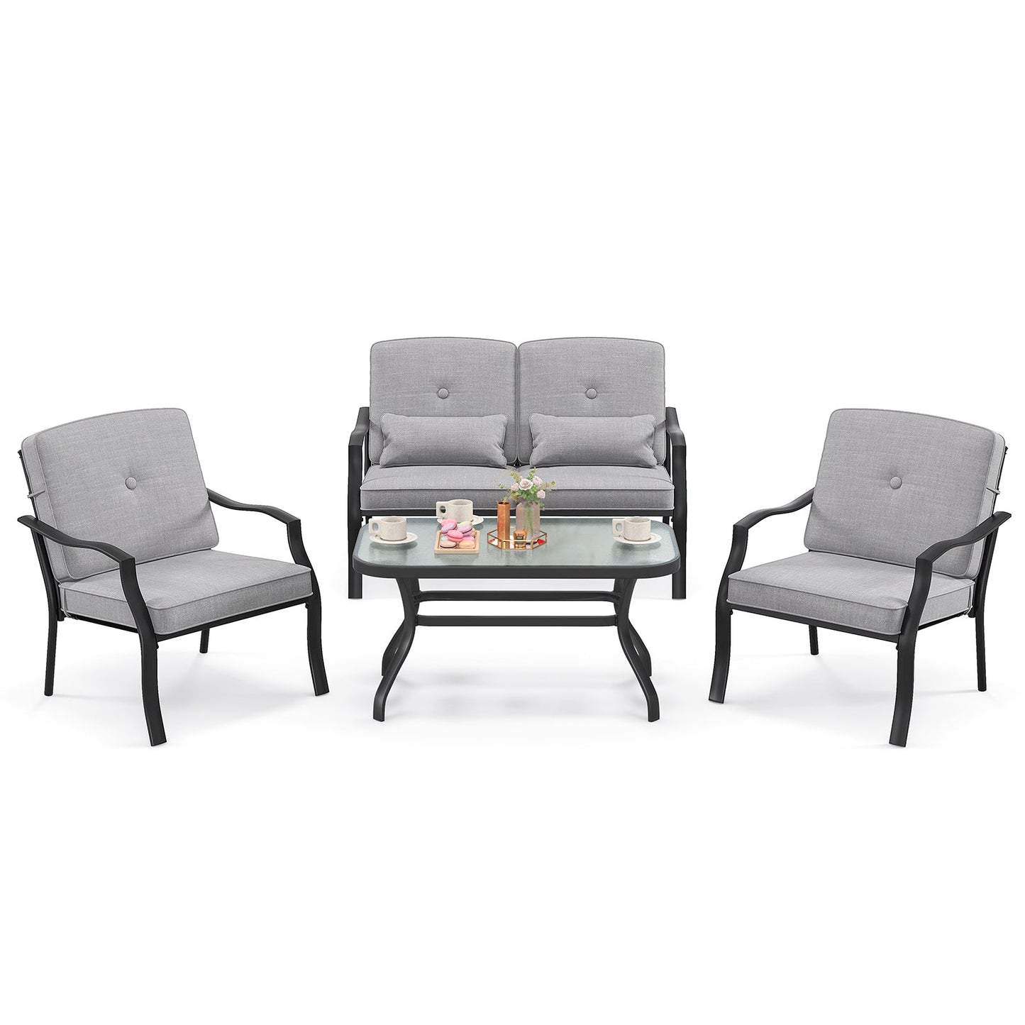 4 Pieces Outdoor Conversation Set with Seat Back Cushions and Waist Pillows
