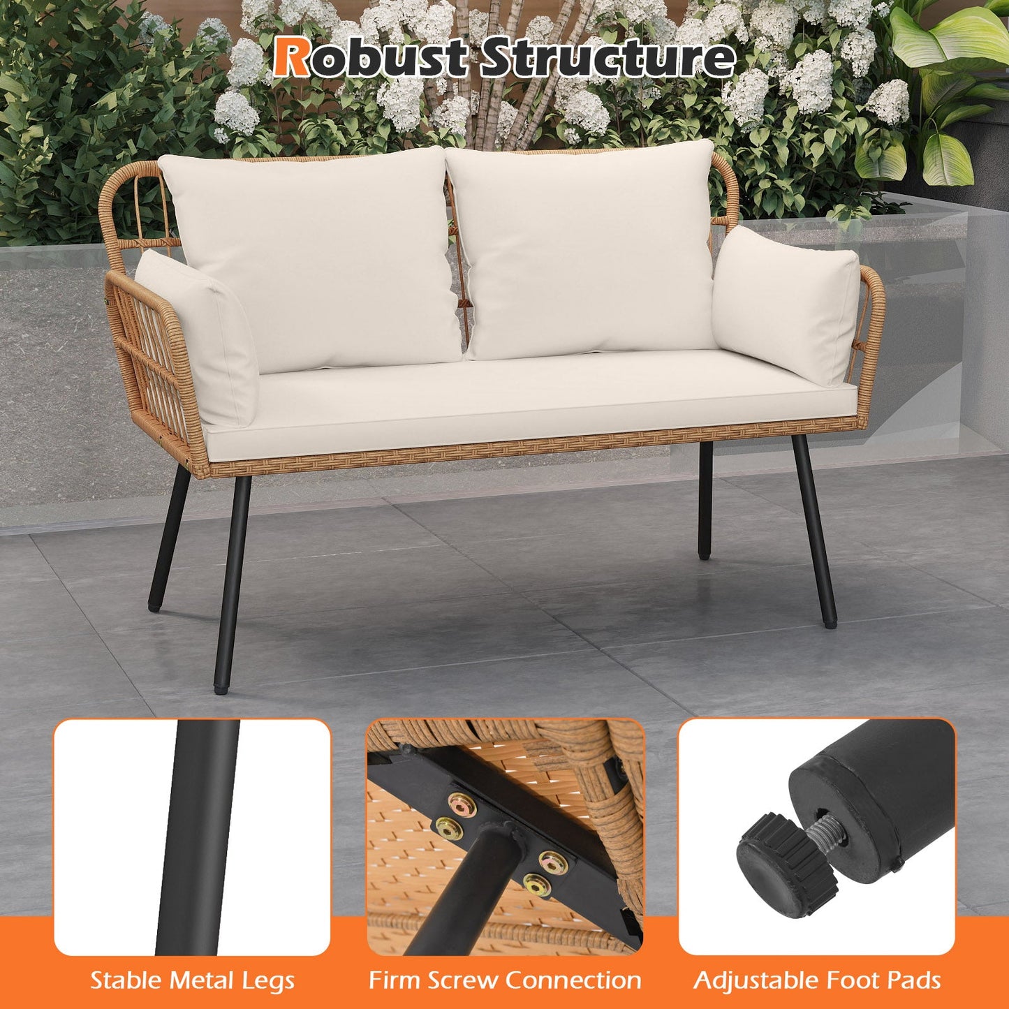 Outdoor Rattan 2-Seat Chair with Seat Back Cushions and Heavy-Duty Metal Legs