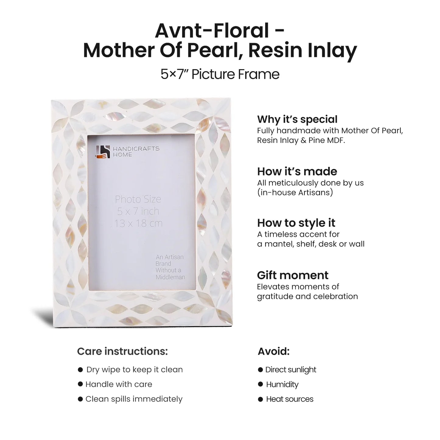 Picture Frames Avant Floral Collection Mother of Pearl Resin Inlay White 5x7"