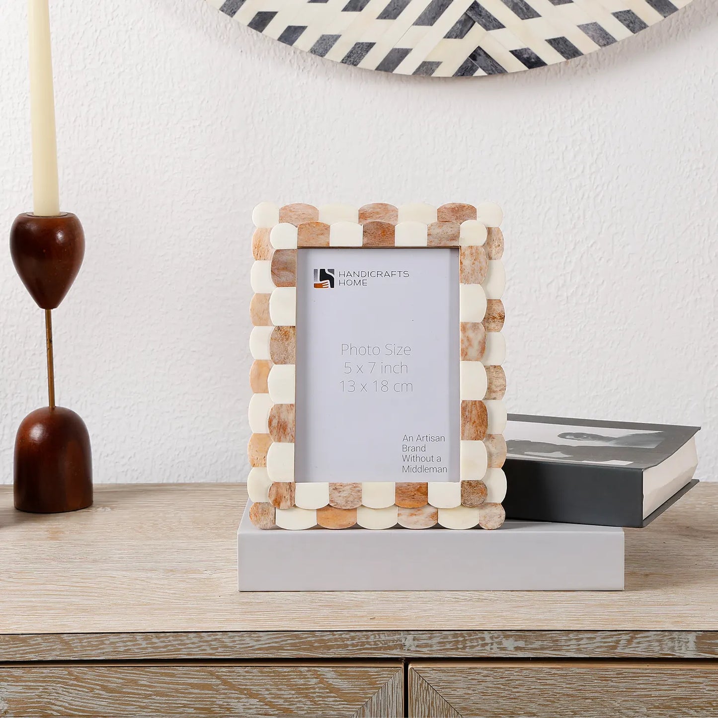 Picture Frame Scalloped Art Collection Bone Inlay Brown White 3 Sizes
