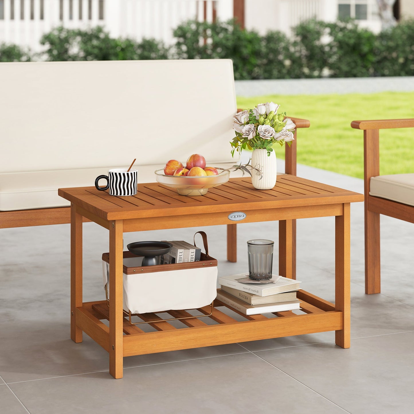 Patio Acacia Wood Coffee Table 2-Tier Rectangular Center Table