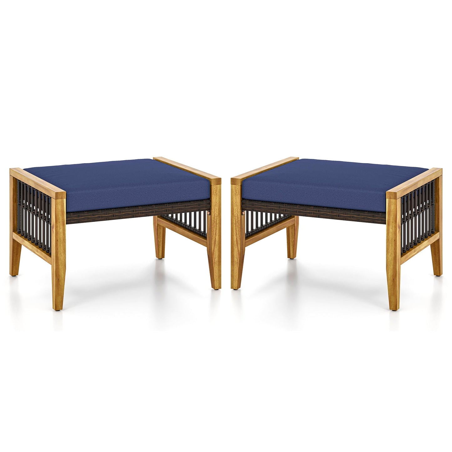 Patio Acacia Wood Ottomans with Cushions and Versatile Rattan Woven Footstools-Navy
