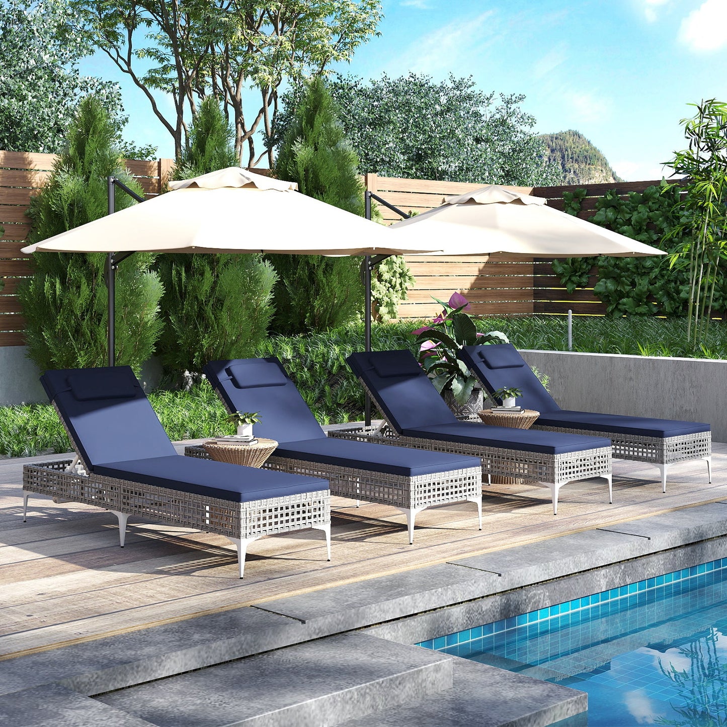 2 Pieces Patio Chaise Lounge Chair with 6-Level Adjustable Backrest and Headrest for Poolside-Navy