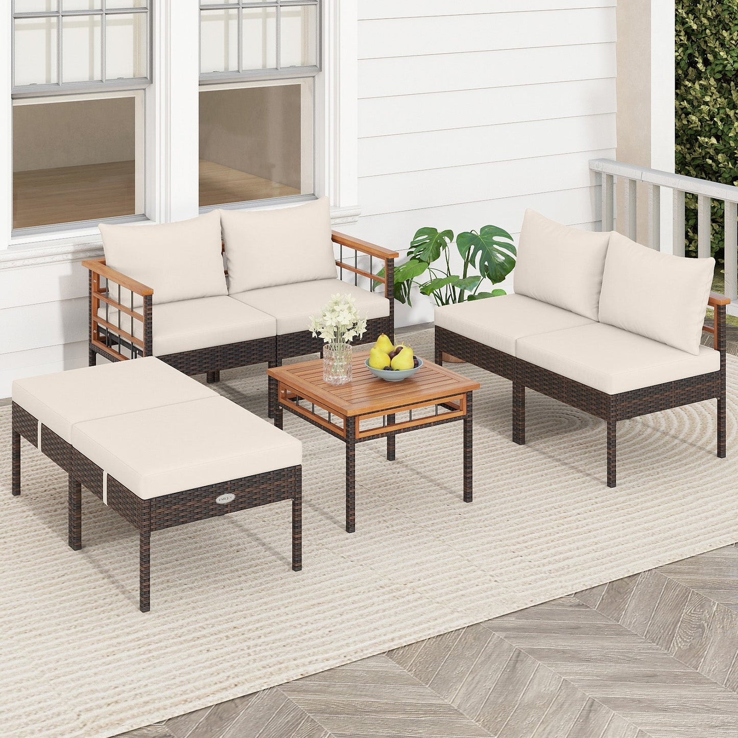 Patio Rattan Chairs with Ottomans and Side Table for Backyard-White