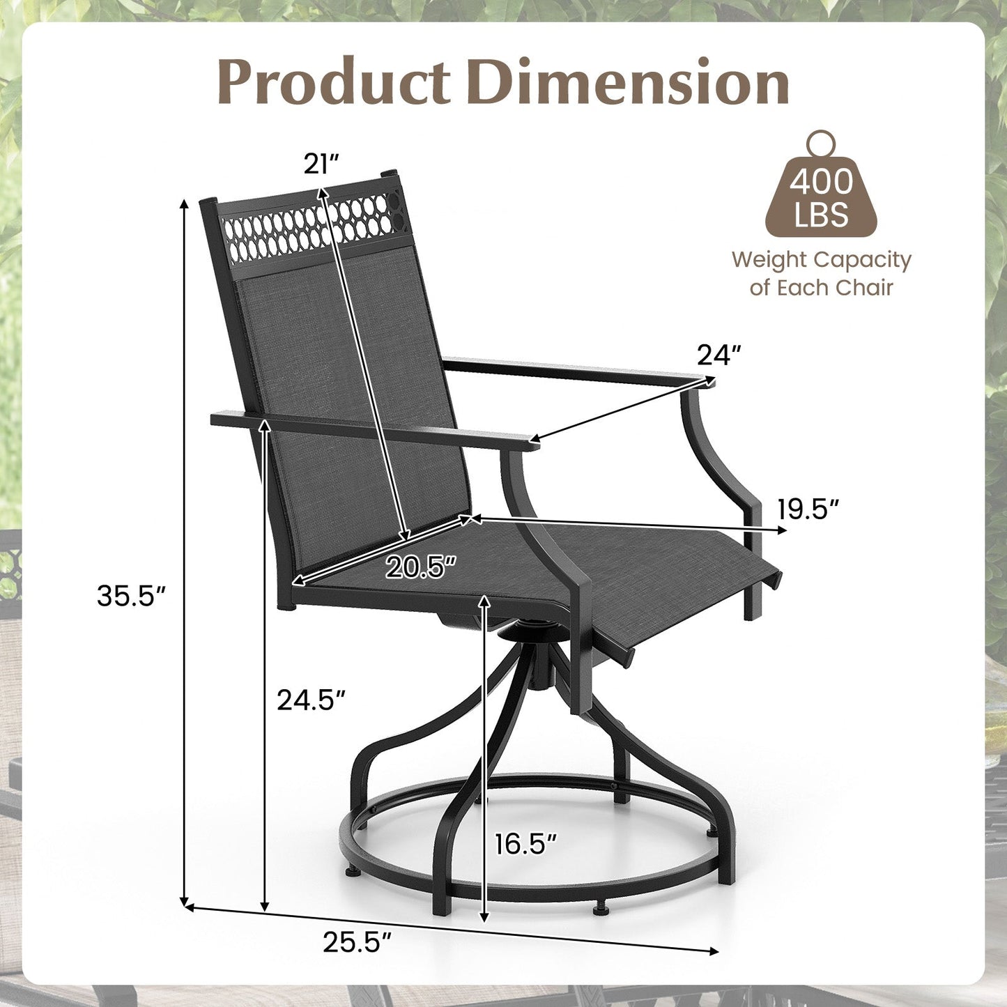 Patio Swivel Dining Chairs Set of 2 with Heavy-duty Metal Frame and Armrests