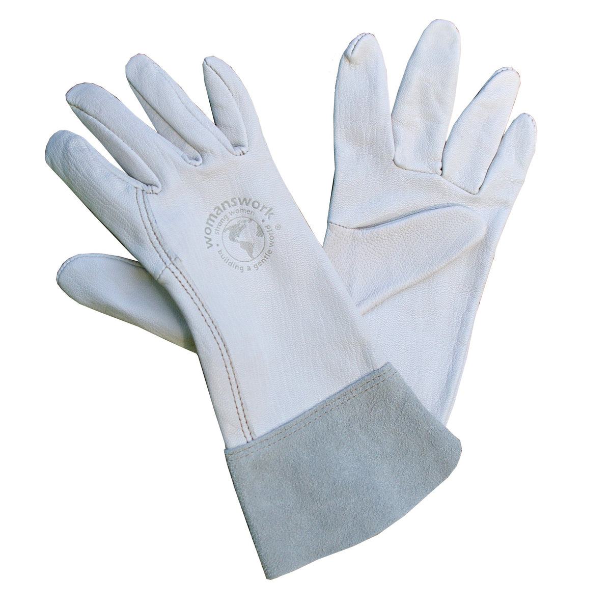 Pair of white gloves with gray cuffs on a white background