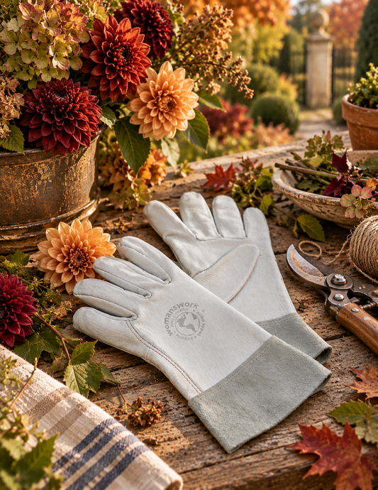 A pair of light gray leather gardening gloves with a darker gray cuff, displayed on a rustic wooden table surrounded by autumn flowers, leaves, pruning shears, and twine.