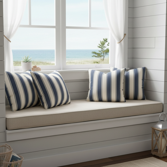 Navy Cream Striped Throw Pillowcase Square Throw Pillow Cover 18x18 | Coastal Farmhouse Living Room Decor | Layering Sofa Accent Cushion