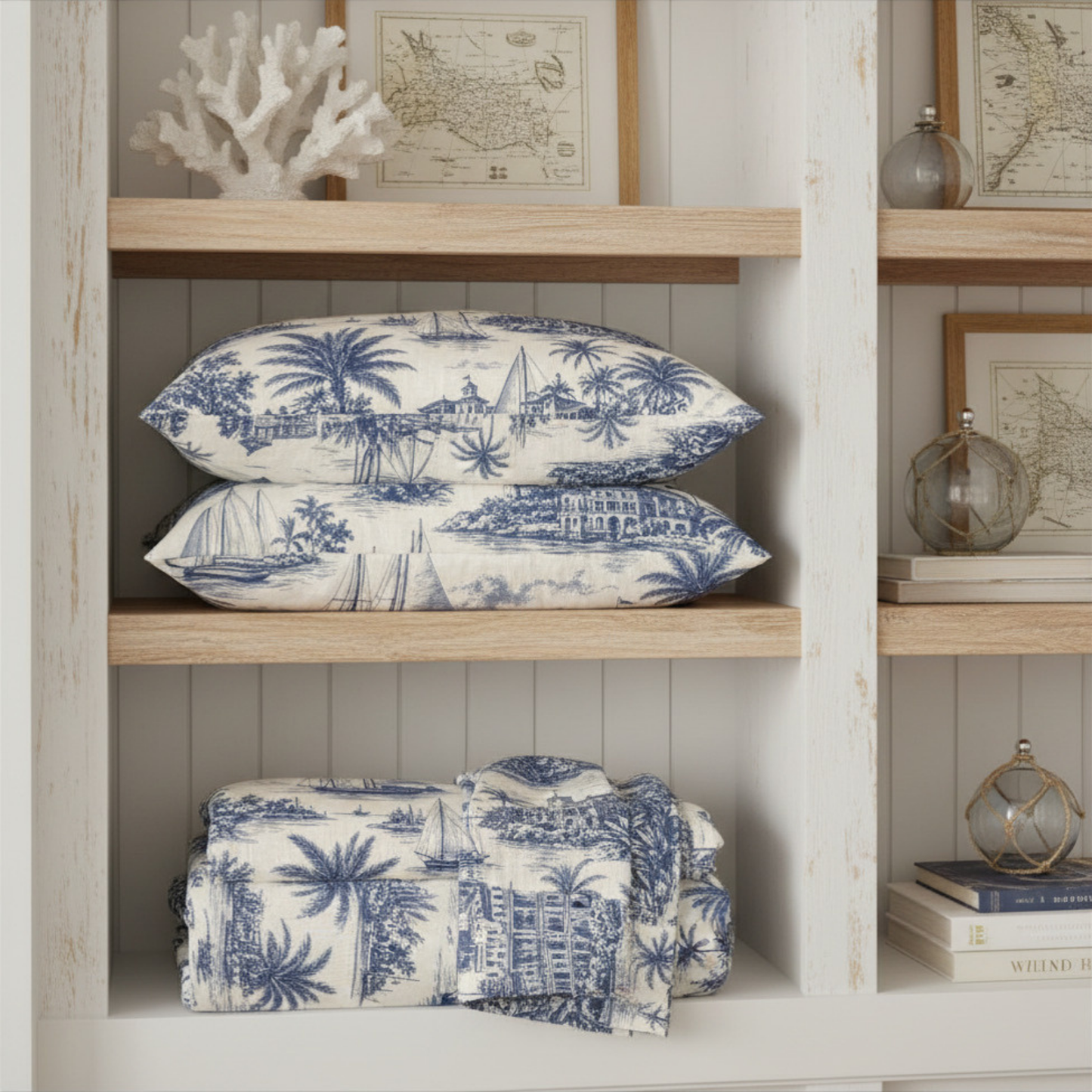Nautical Toile Print Pillowcase | Square Poly Canvas Throw Pillow Cover 18x18