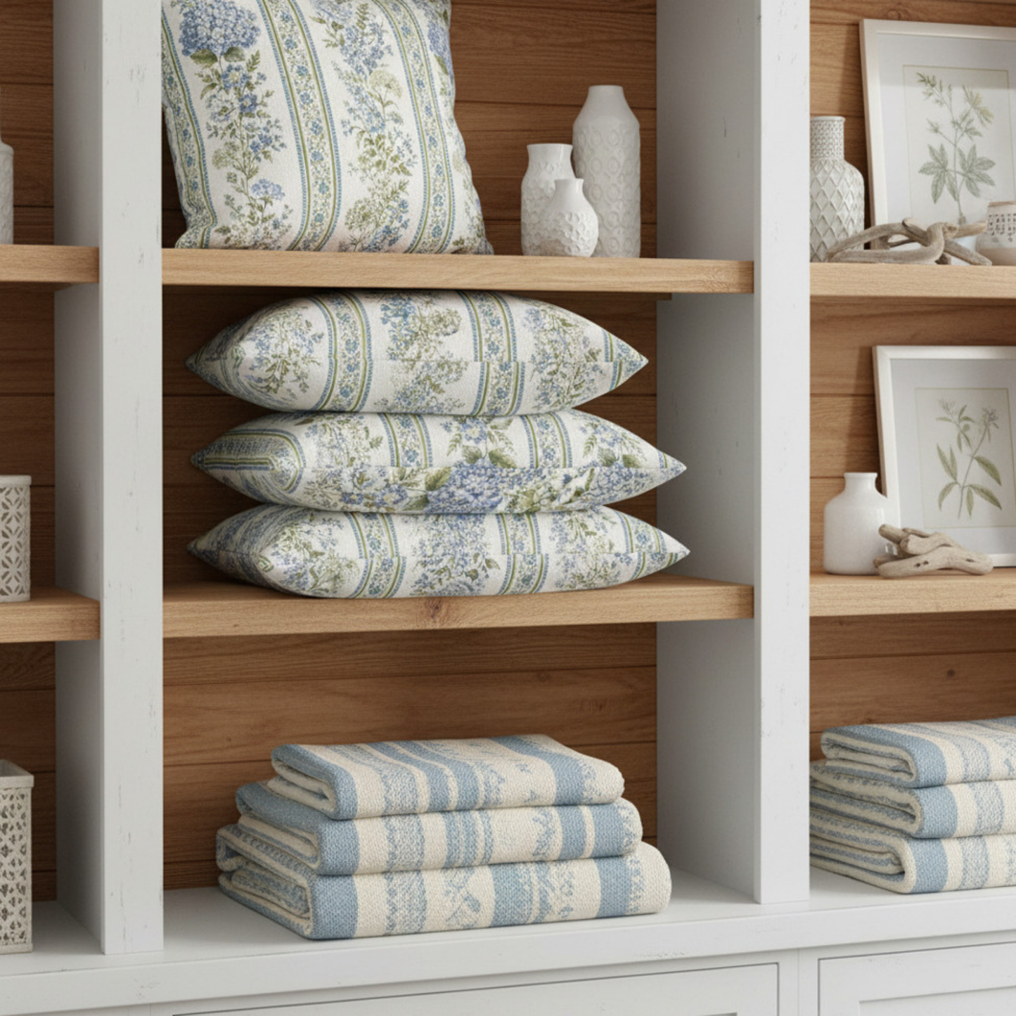 Blue Hydrangea Stripe Pillowcase | Square Decorative Throw Pillow Cover 18"x18"
