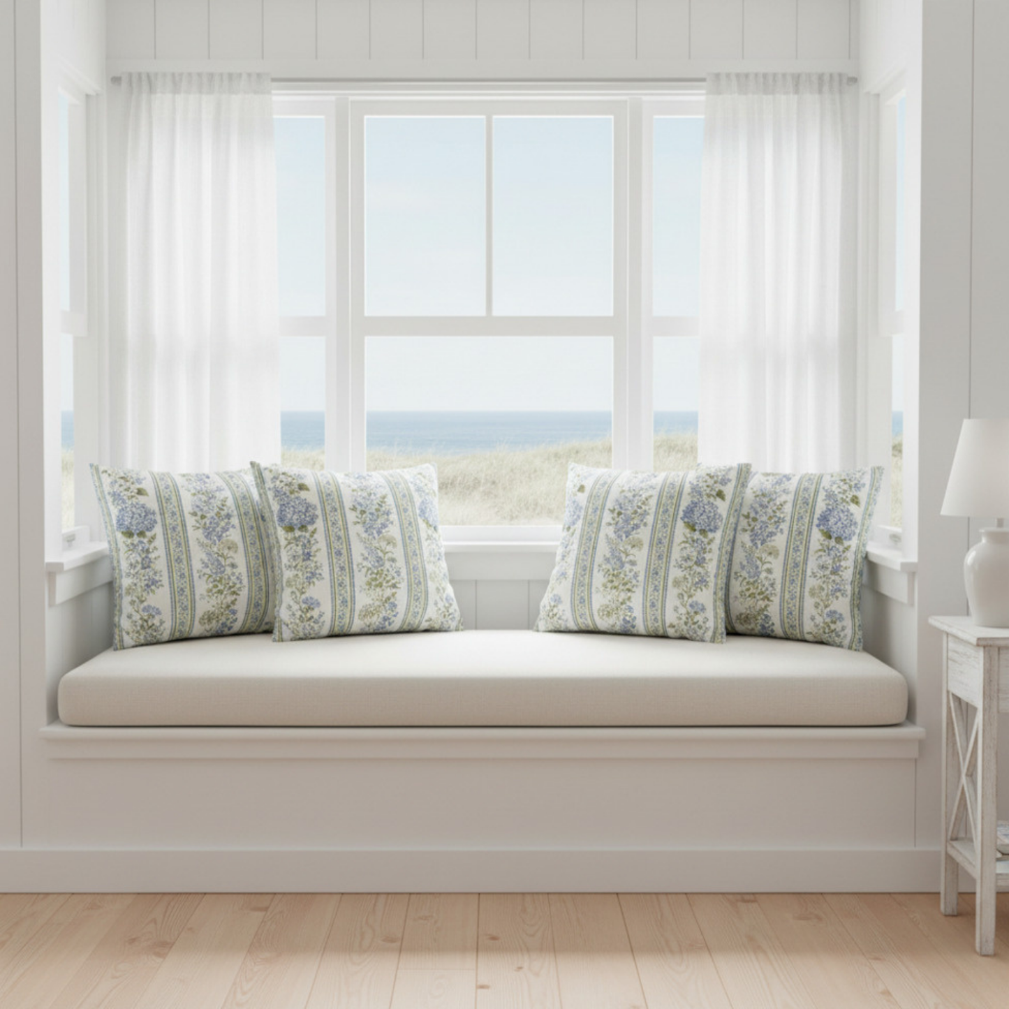 Blue Hydrangea Stripe Pillowcase | Square Decorative Throw Pillow Cover 18"x18"