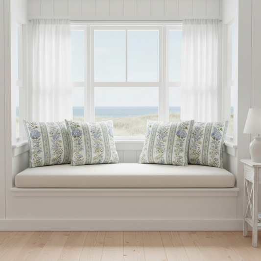 Blue Hydrangea Stripe Pillowcase | Square Decorative Throw Pillow Cover 18"x18"