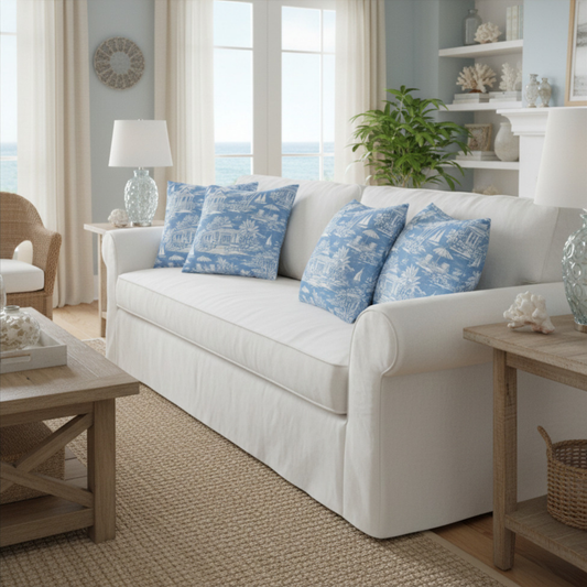 Tropical Beach Toile Pillowcase | Blue Island Cottage Coastal Throw Pillow Cover 18x18