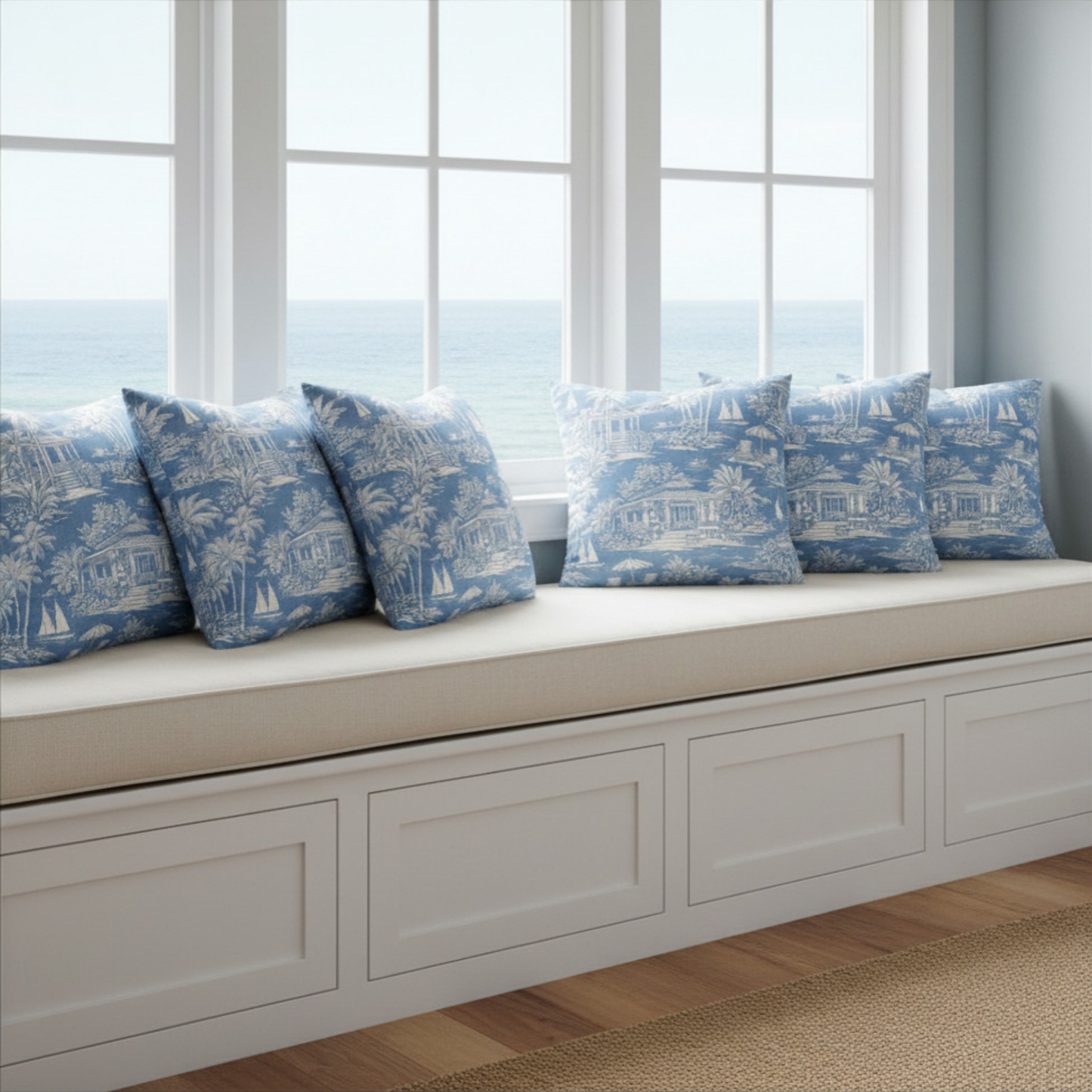 Tropical Beach Toile Pillowcase | Blue Island Cottage Coastal Throw Pillow Cover 18x18