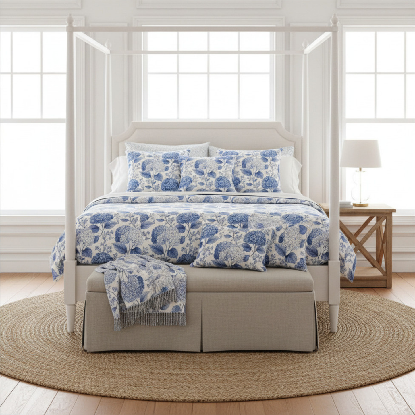 Blue Hydrangea Floral Pillowcase | Square Poly Canvas Throw Pillow Cover 18x18
