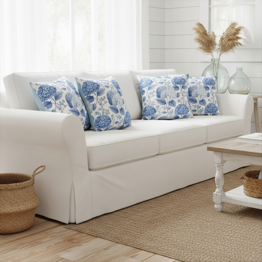 Blue Hydrangea Floral Pillowcase | Square Poly Canvas Throw Pillow Cover 18x18