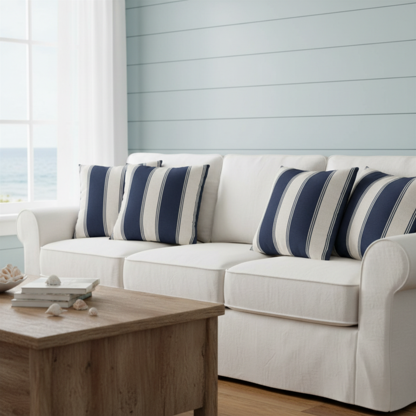 Navy Cream Striped Throw Pillowcase, Square Throw Pillow Cover 18x18 | Coastal Cottage Decor 18"x18"